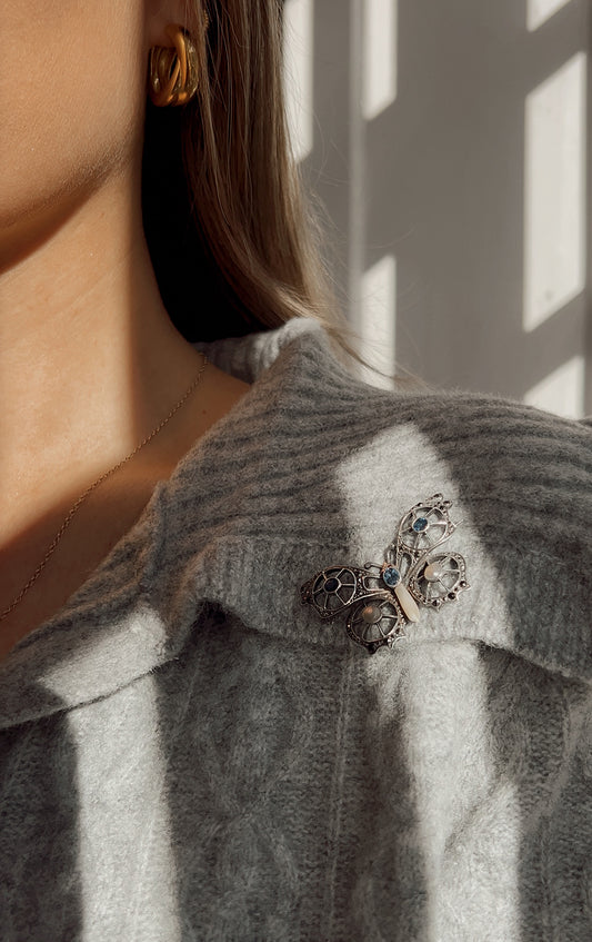 Gorgeous Vari-hue Paste and Cultured Pearl Butterfly Brooch