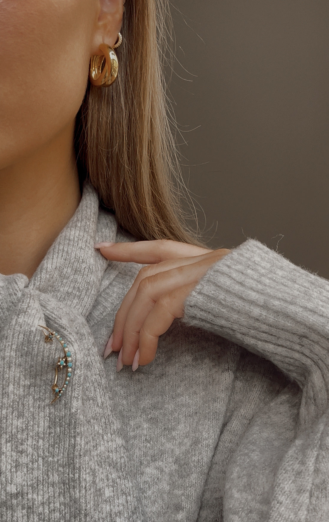 "I love you to the moon and back" Early 20th Century Turquoise and split pearl crescent brooch