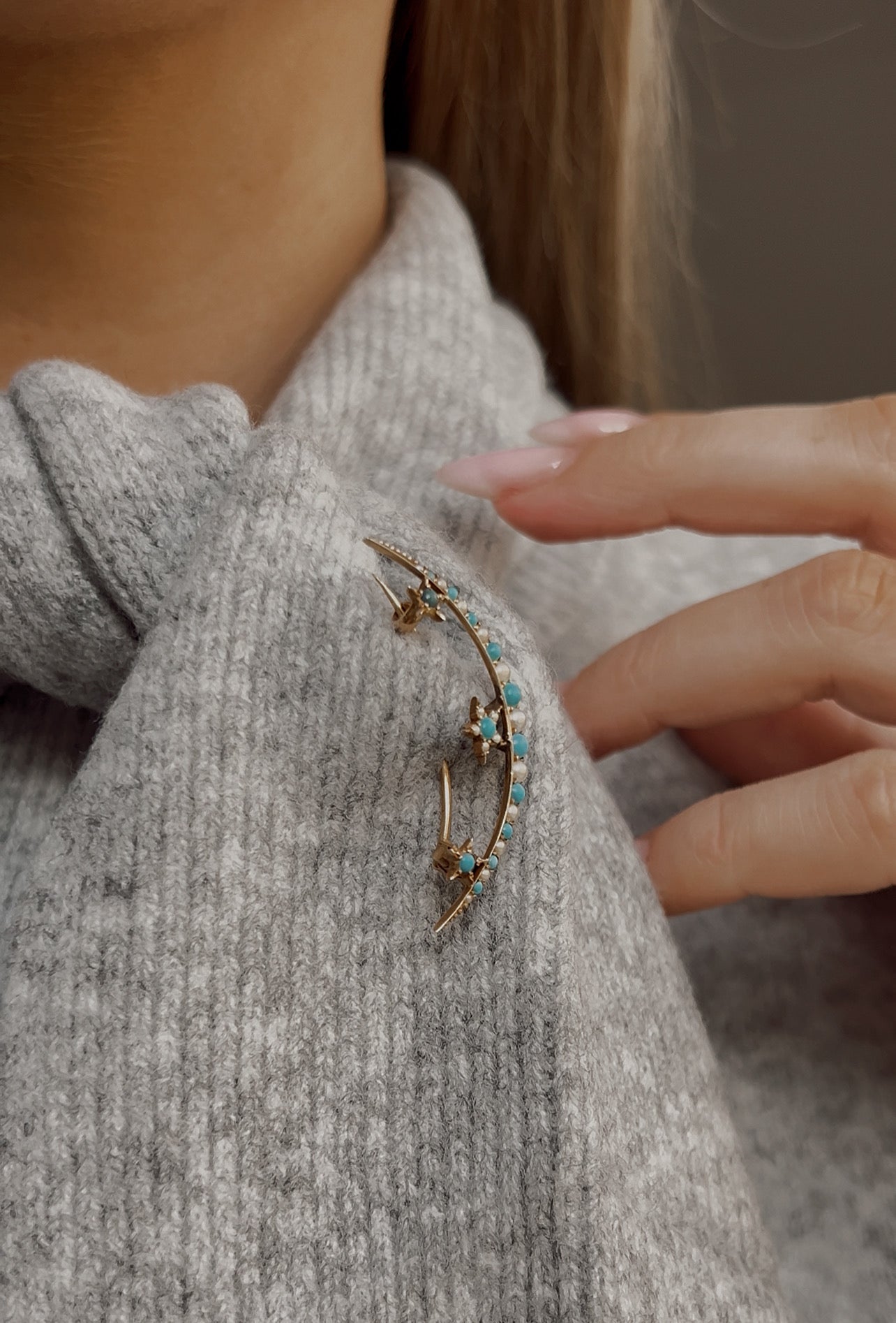 "I love you to the moon and back" Early 20th Century Turquoise and split pearl crescent brooch