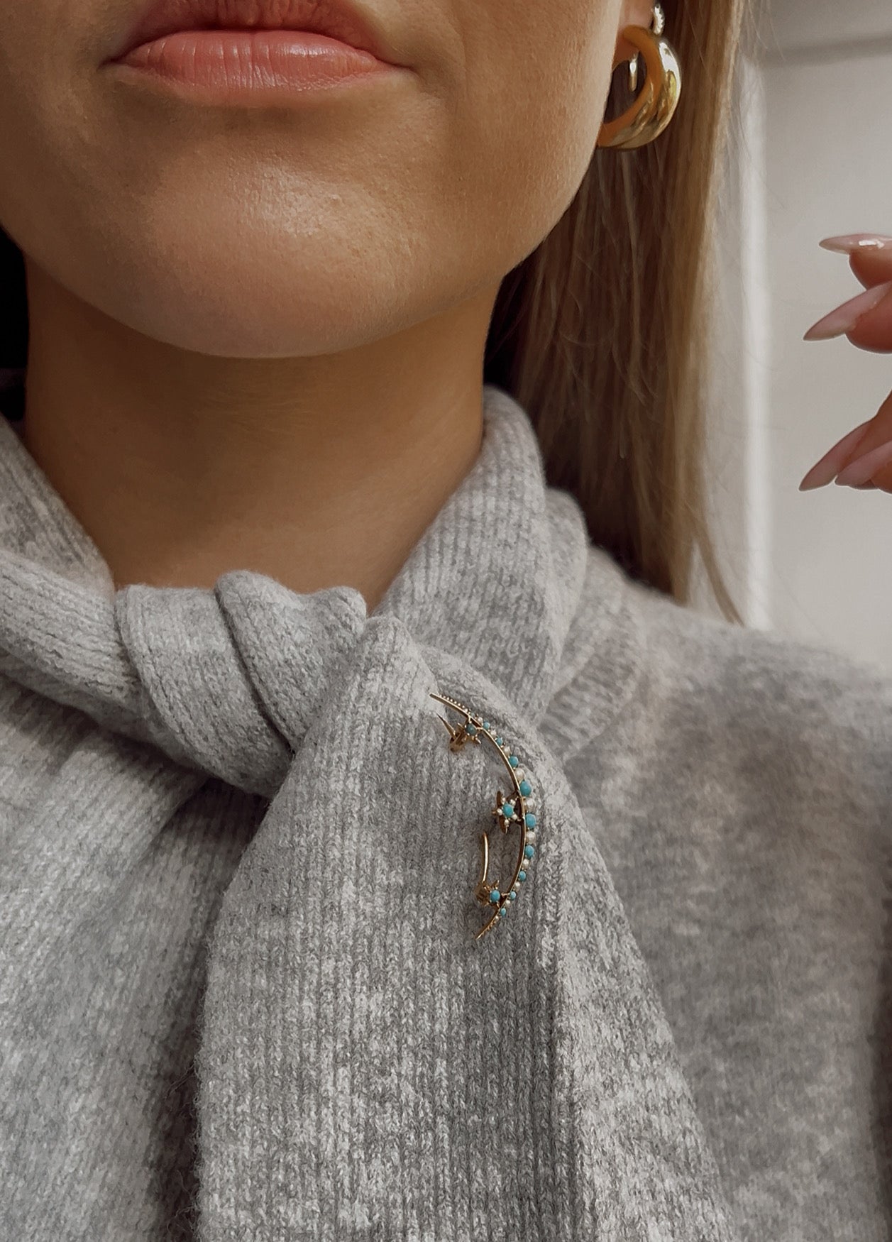 "I love you to the moon and back" Early 20th Century Turquoise and split pearl crescent brooch