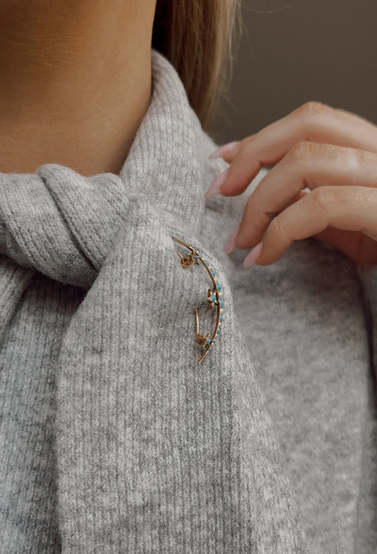 "I love you to the moon and back" Early 20th Century Turquoise and split pearl crescent brooch