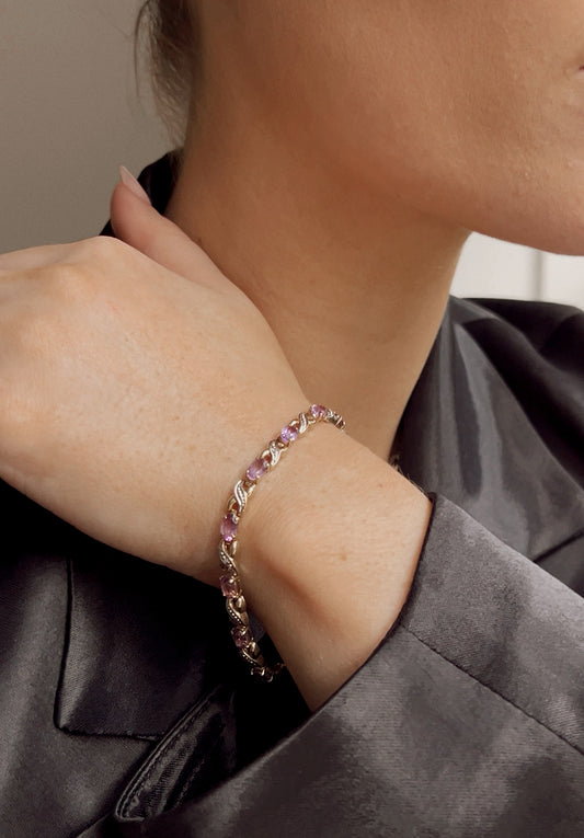 Pretty Vintage 9ct Gold, Amethyst and Diamond Bracelet