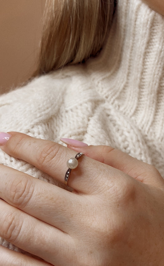 Gorgeous Antique Pearl, Diamond Ring Made in Silver and Gold