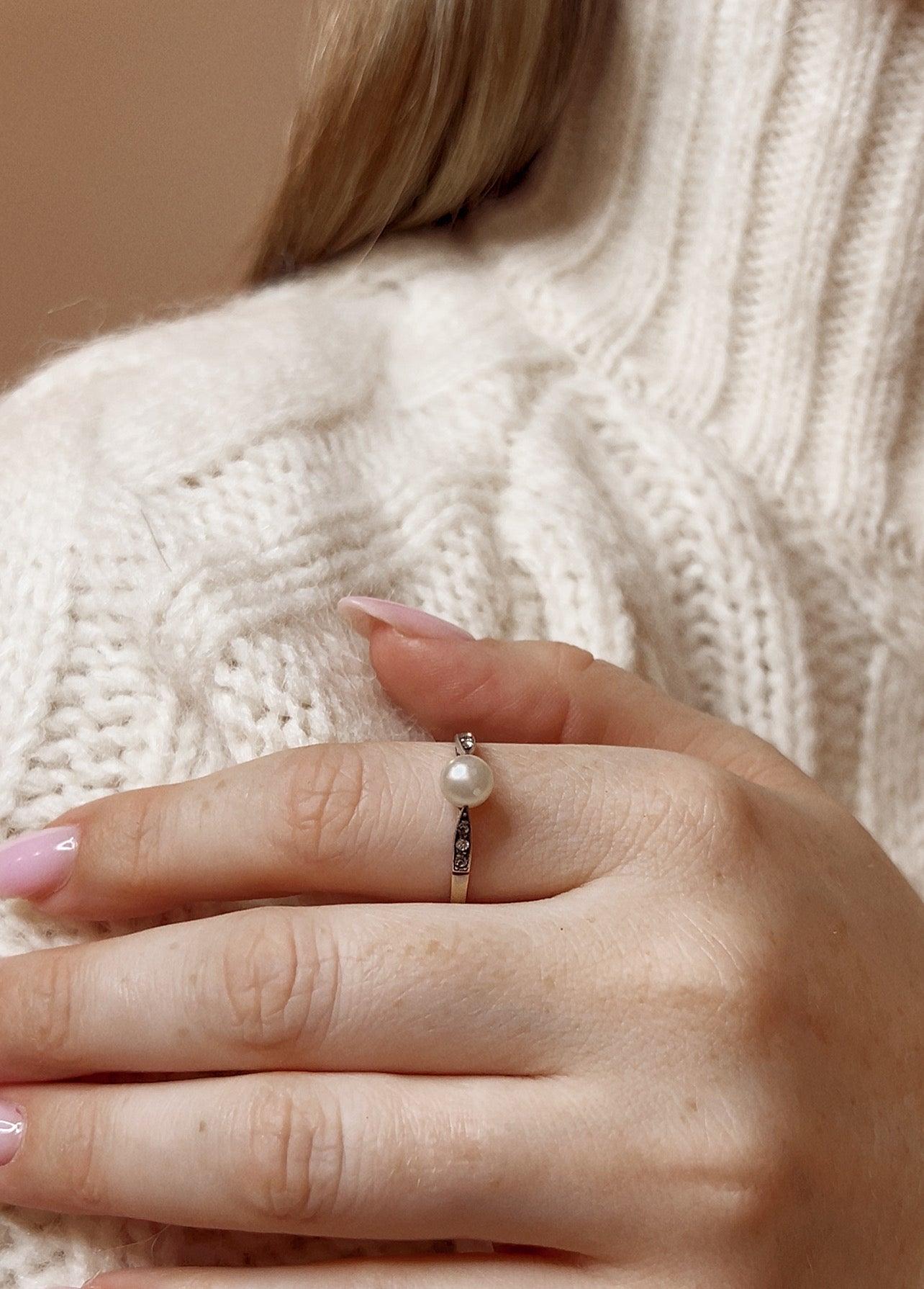 Gorgeous Antique Pearl, Diamond Ring Made in Silver and Gold