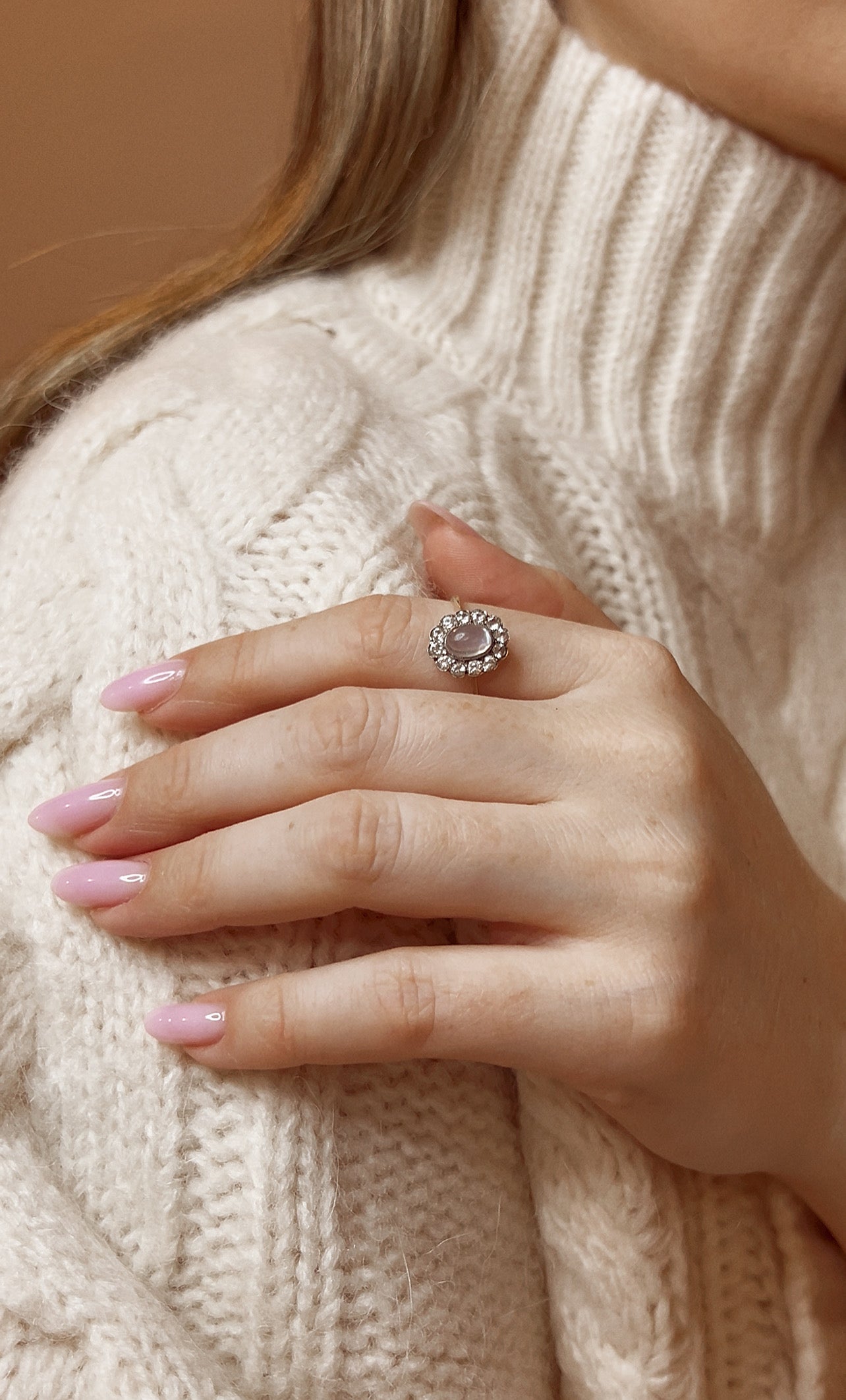 Wonderful 9ct Gold Moonstone and Diamond Halo Ring