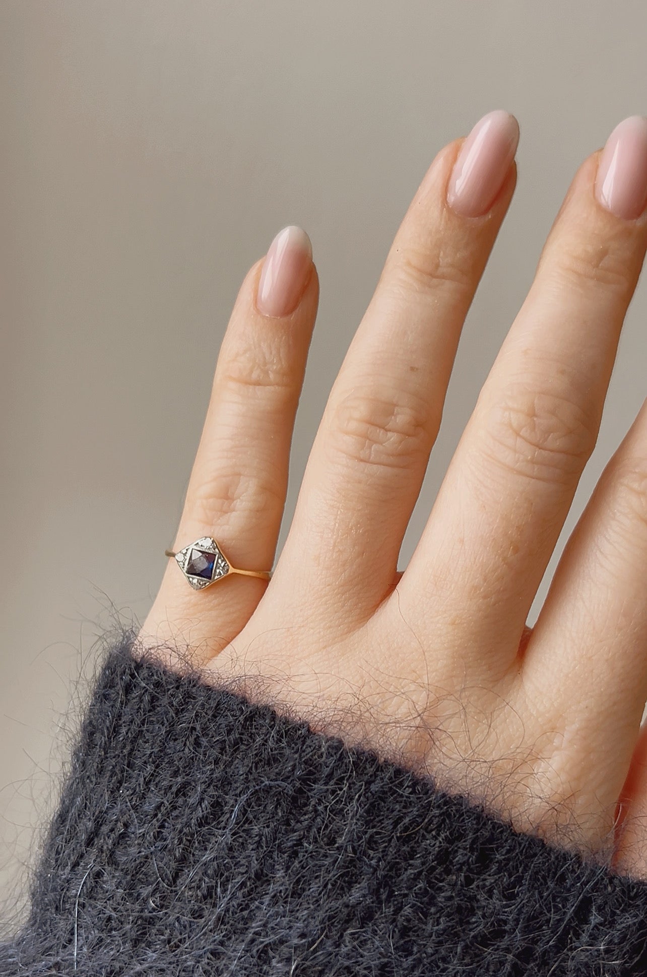 Adorable Antique Gold, Blue sapphire and Diamond Pinkie Ring