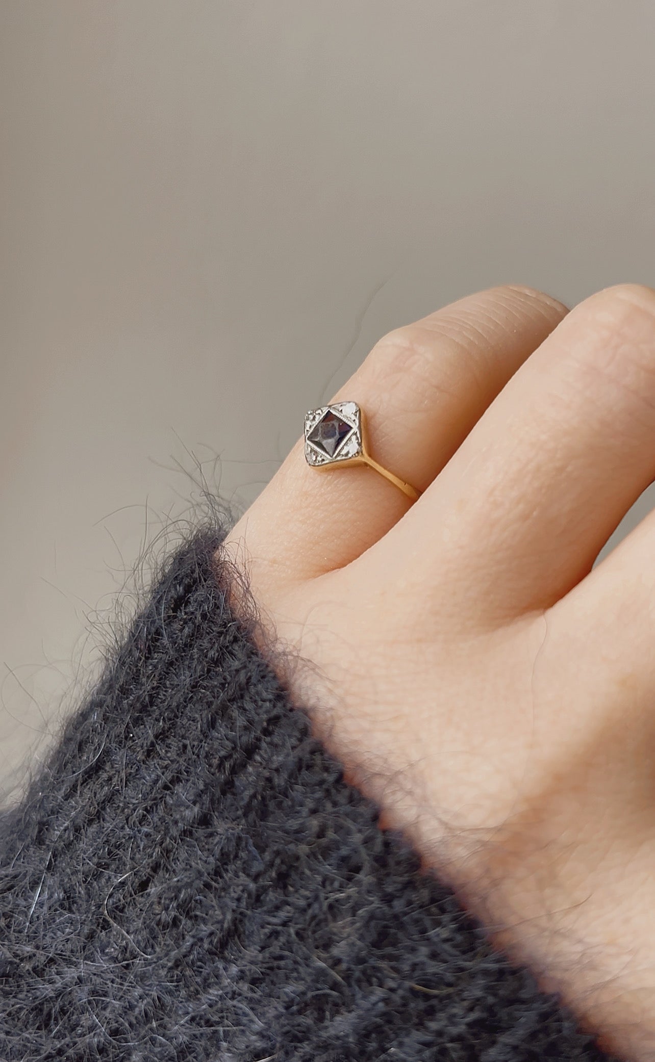 Adorable Antique Gold, Blue sapphire and Diamond Pinkie Ring