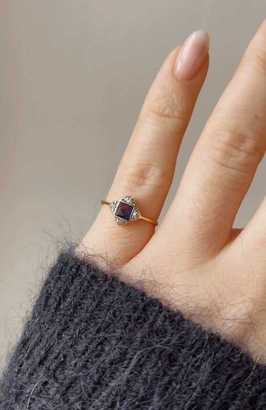 Adorable Antique Gold, Blue sapphire and Diamond Pinkie Ring