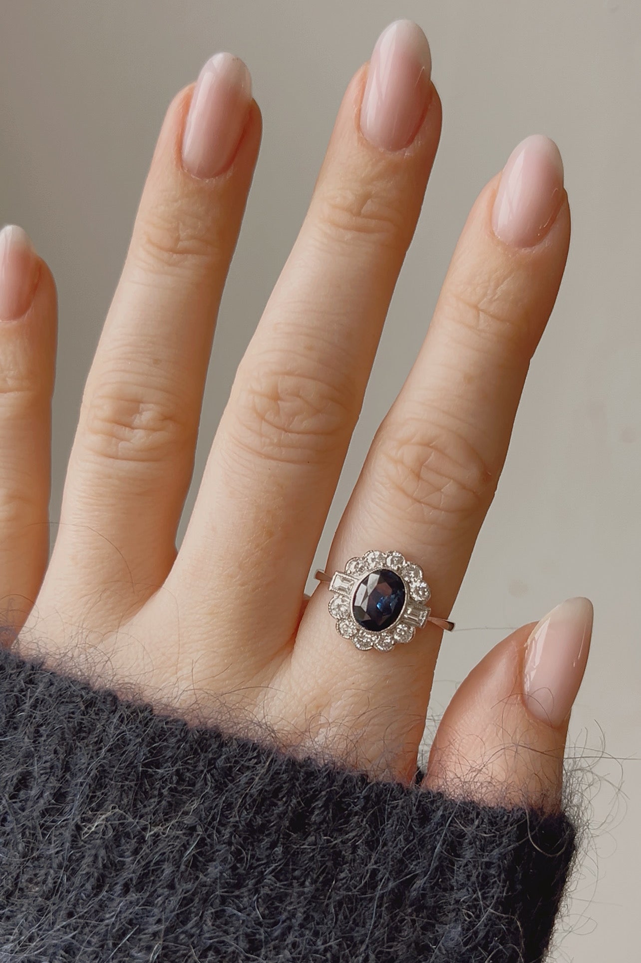 Stunning Modern Platinum, Blue Sapphire and Diamond Cluster Ring