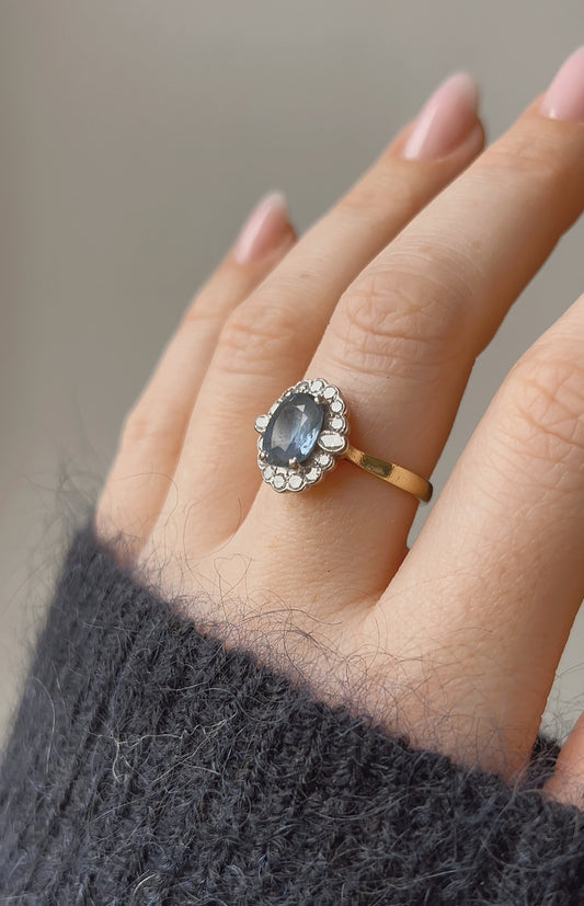 Absolutely Gorgeous Edwardian 18ct Gold, Blue Sapphire and Diamond Cluster Ring