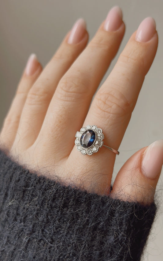 Stunning Modern Platinum, Blue Sapphire and Diamond Cluster Ring