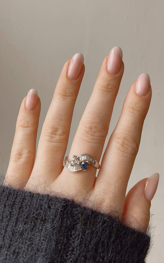 Incredible Vintage 18ct White Gold, Blue Sapphire and Diamond Hearts Ring