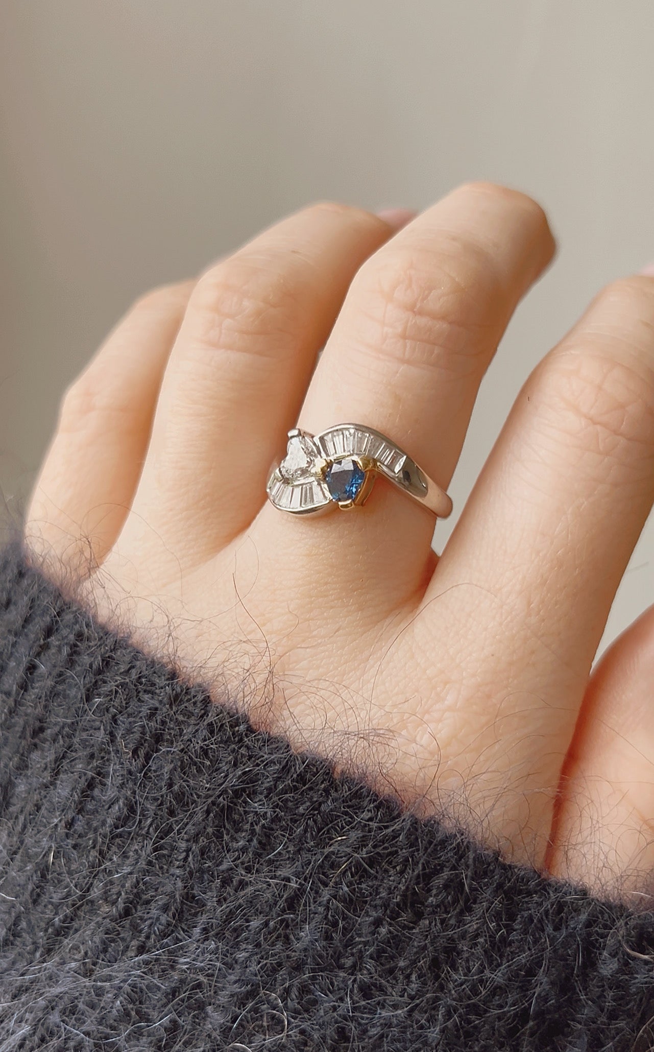 Incredible Vintage 18ct White Gold, Blue Sapphire and Diamond Hearts Ring