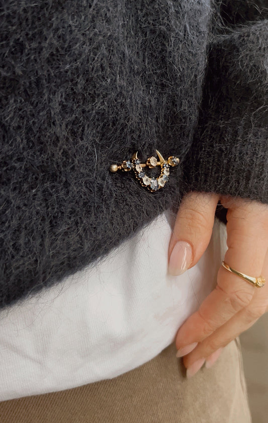 Exquisite Blue Sapphire and Colourless Gem Crescent and Stars Brooch