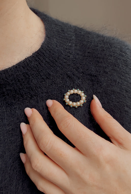 Delightful Early 20th Century Split Pearl and Turquoise Brooch