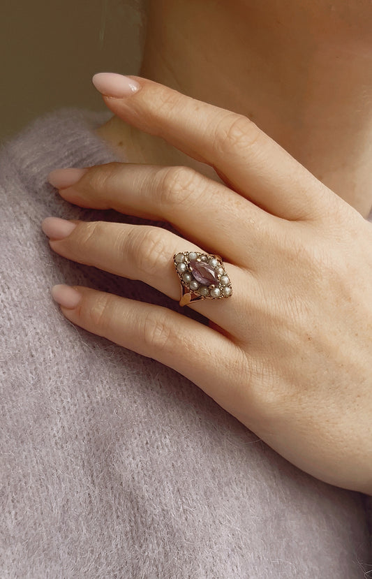 Wonderful Antique Gold, Amethyst and Split Pearl Ring
