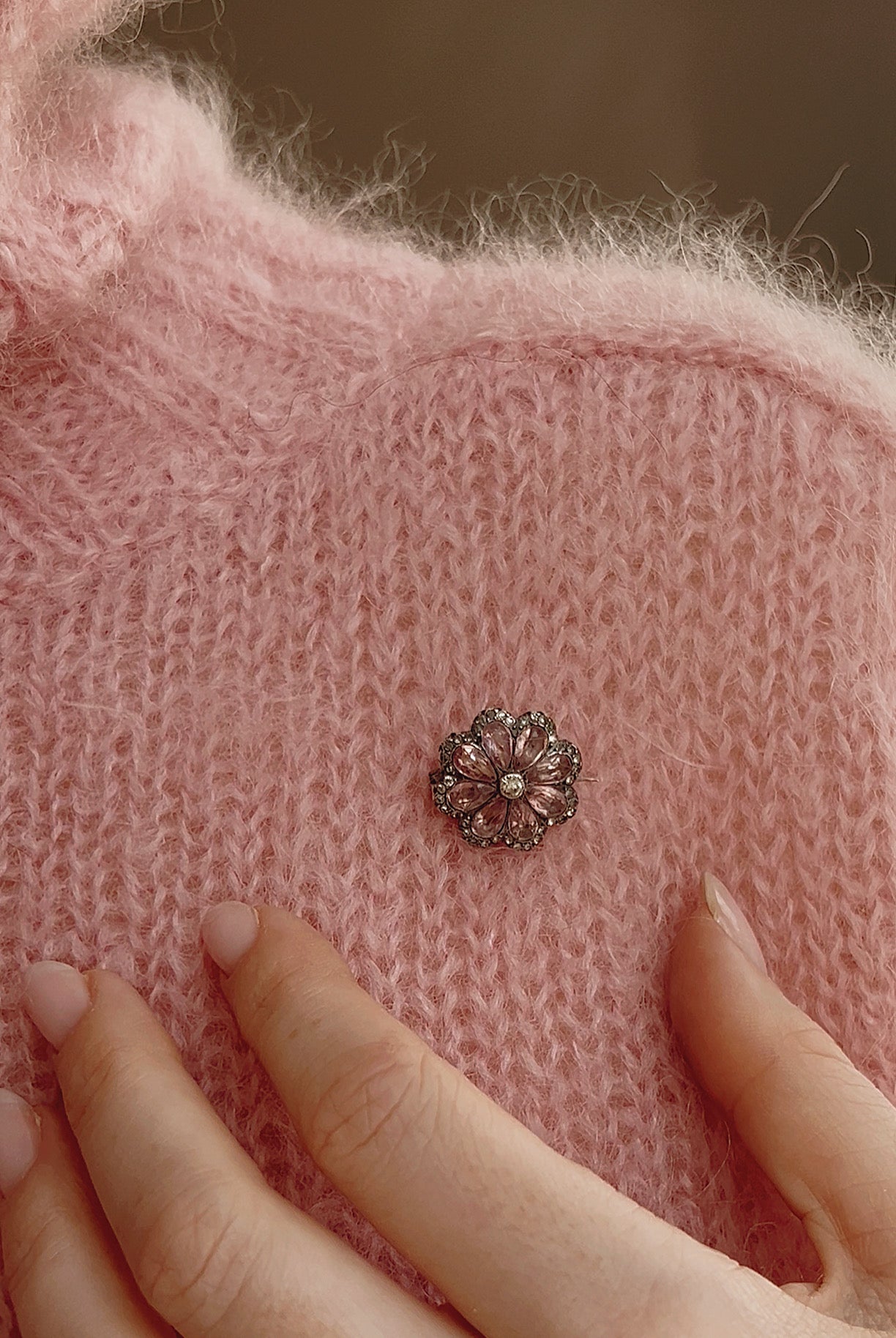 Wonderful Antique Pink and White Paste Flower Brooch