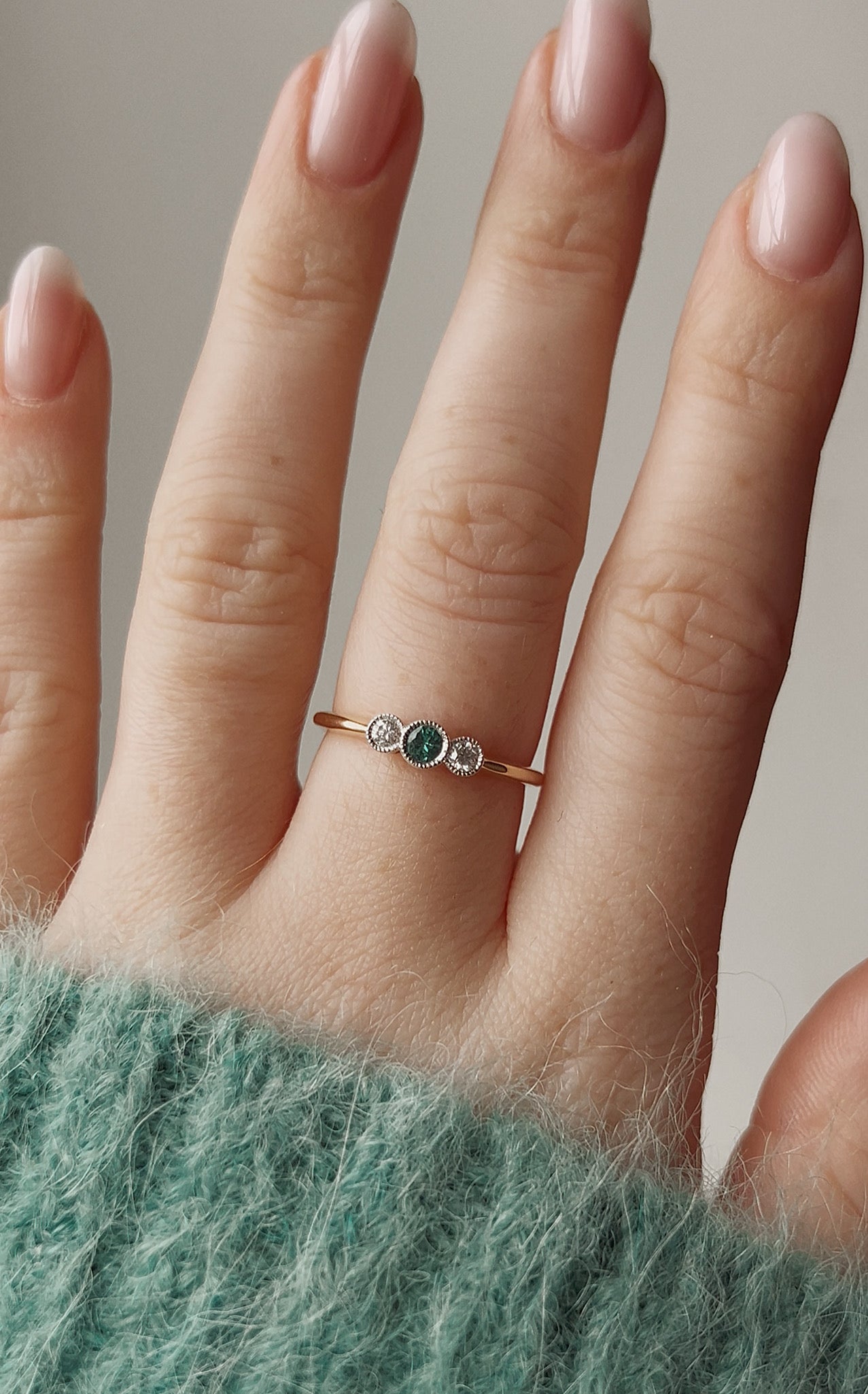Sweet Modern 18ct Gold, Emerald and Diamond Ring