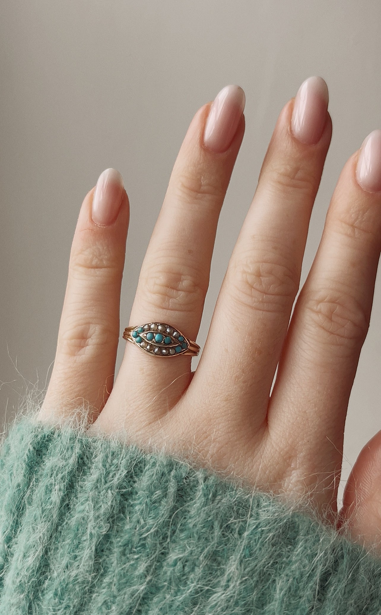 Sweet Late Victorian 9ct Gold Turquoise and Split Pearl Ring