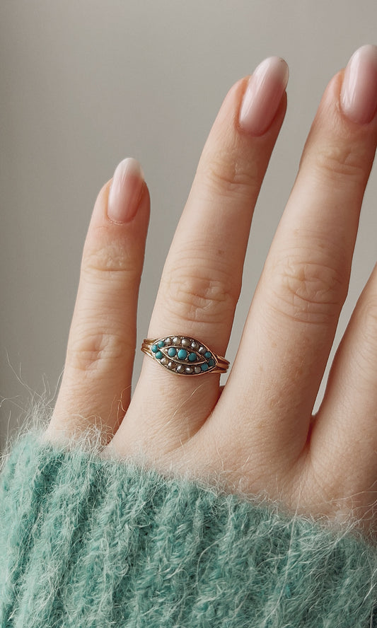 Sweet Late Victorian 9ct Gold Turquoise and Split Pearl Ring