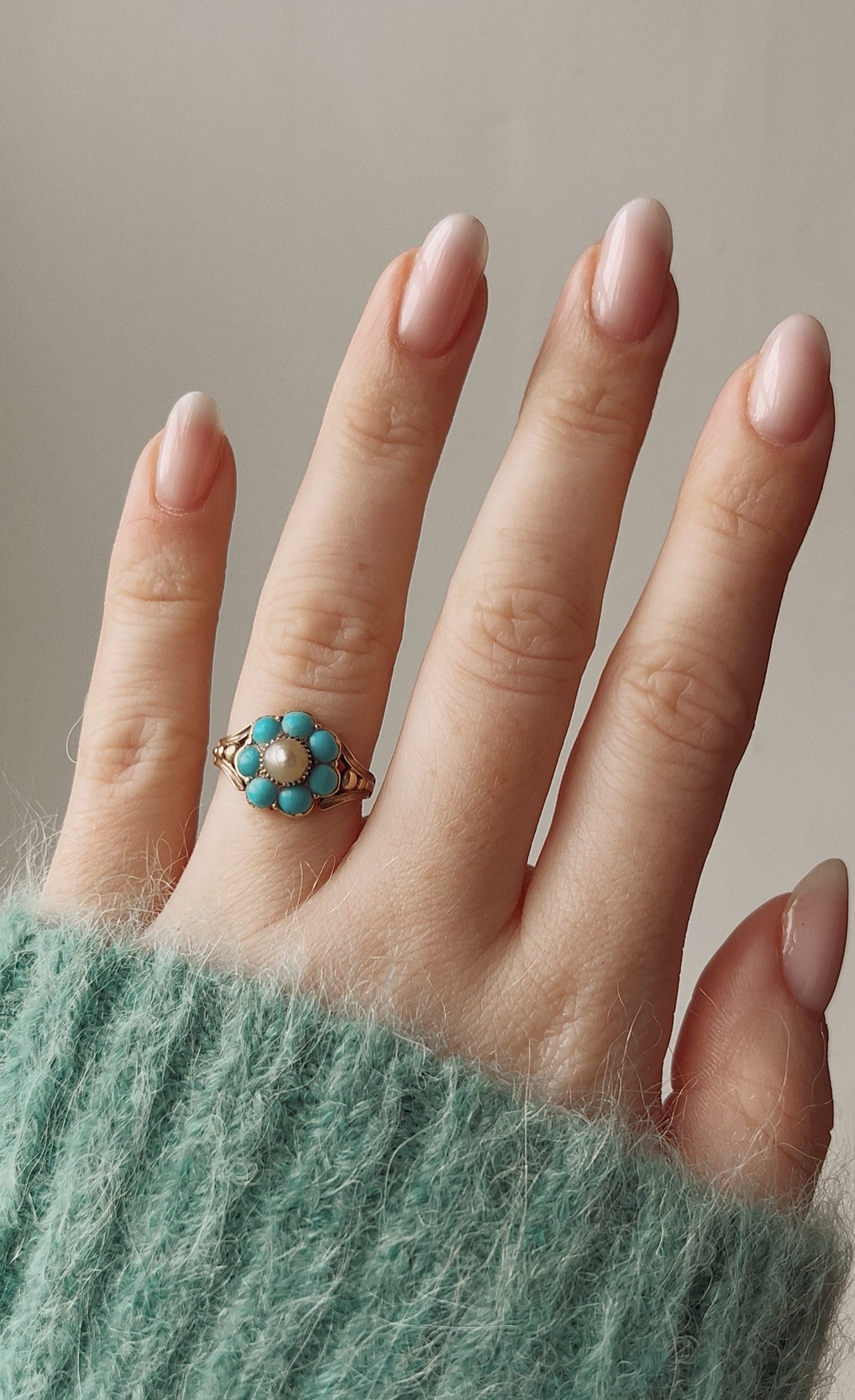 Gorgeous 19th Century Gold, Split Pearl and Turquoise Cluster Ring