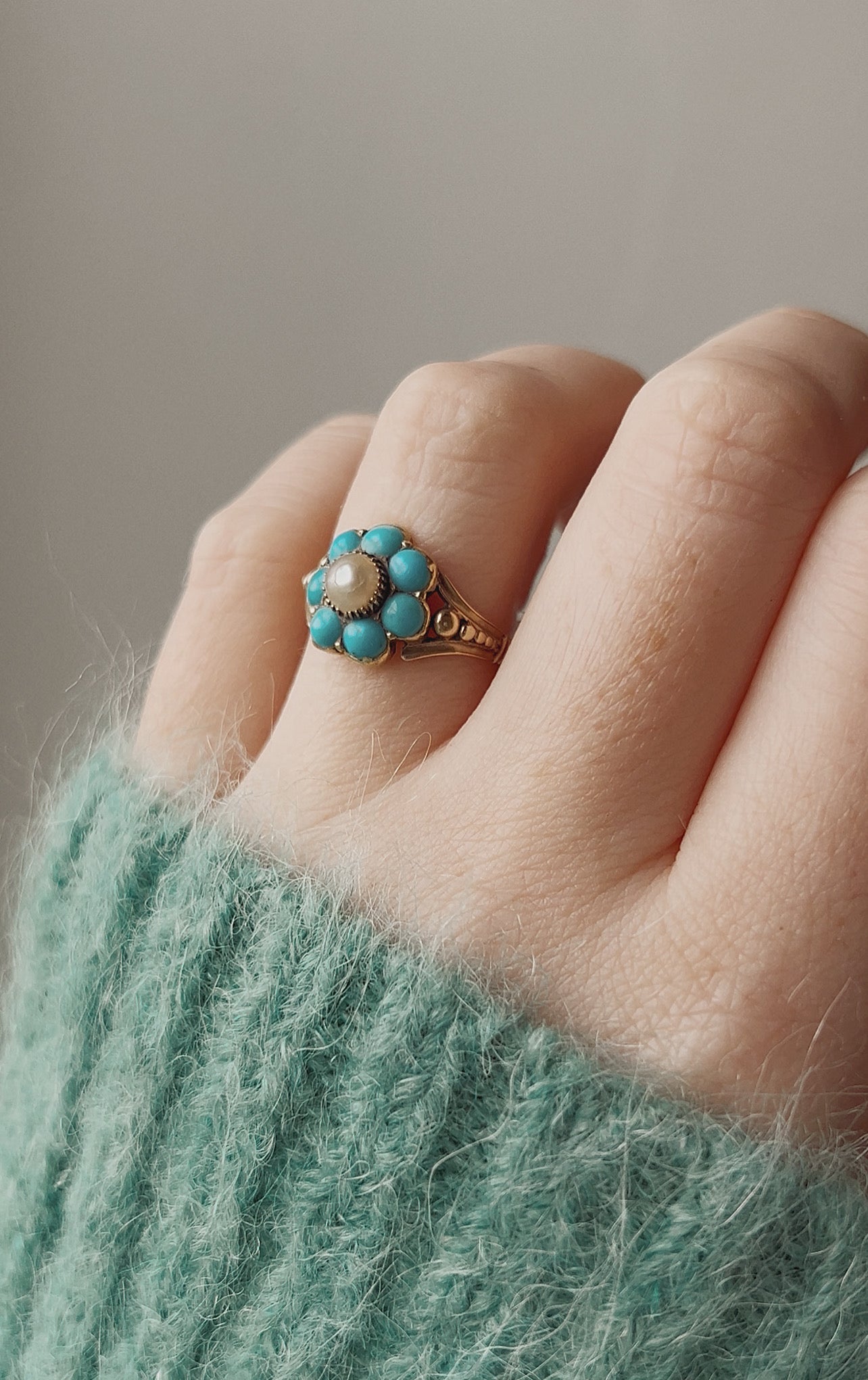 Gorgeous 19th Century Gold, Split Pearl and Turquoise Cluster Ring