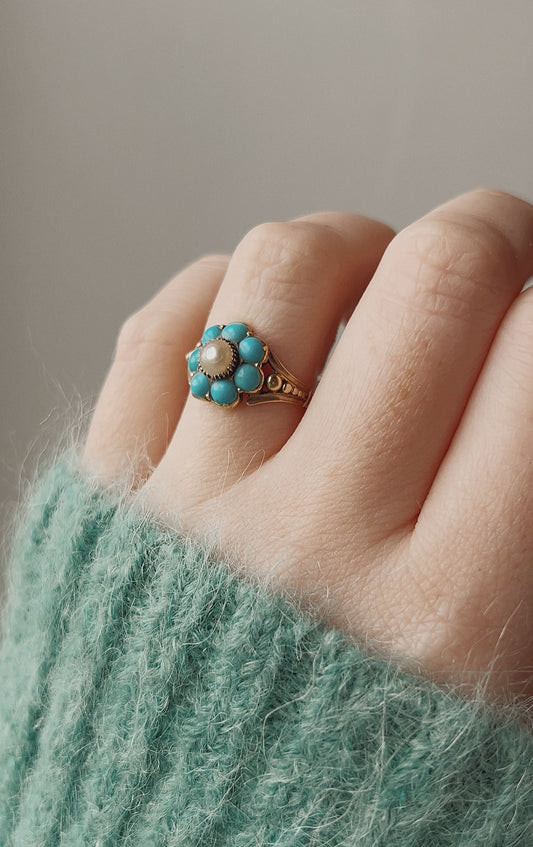 Gorgeous 19th Century Gold, Split Pearl and Turquoise Cluster Ring