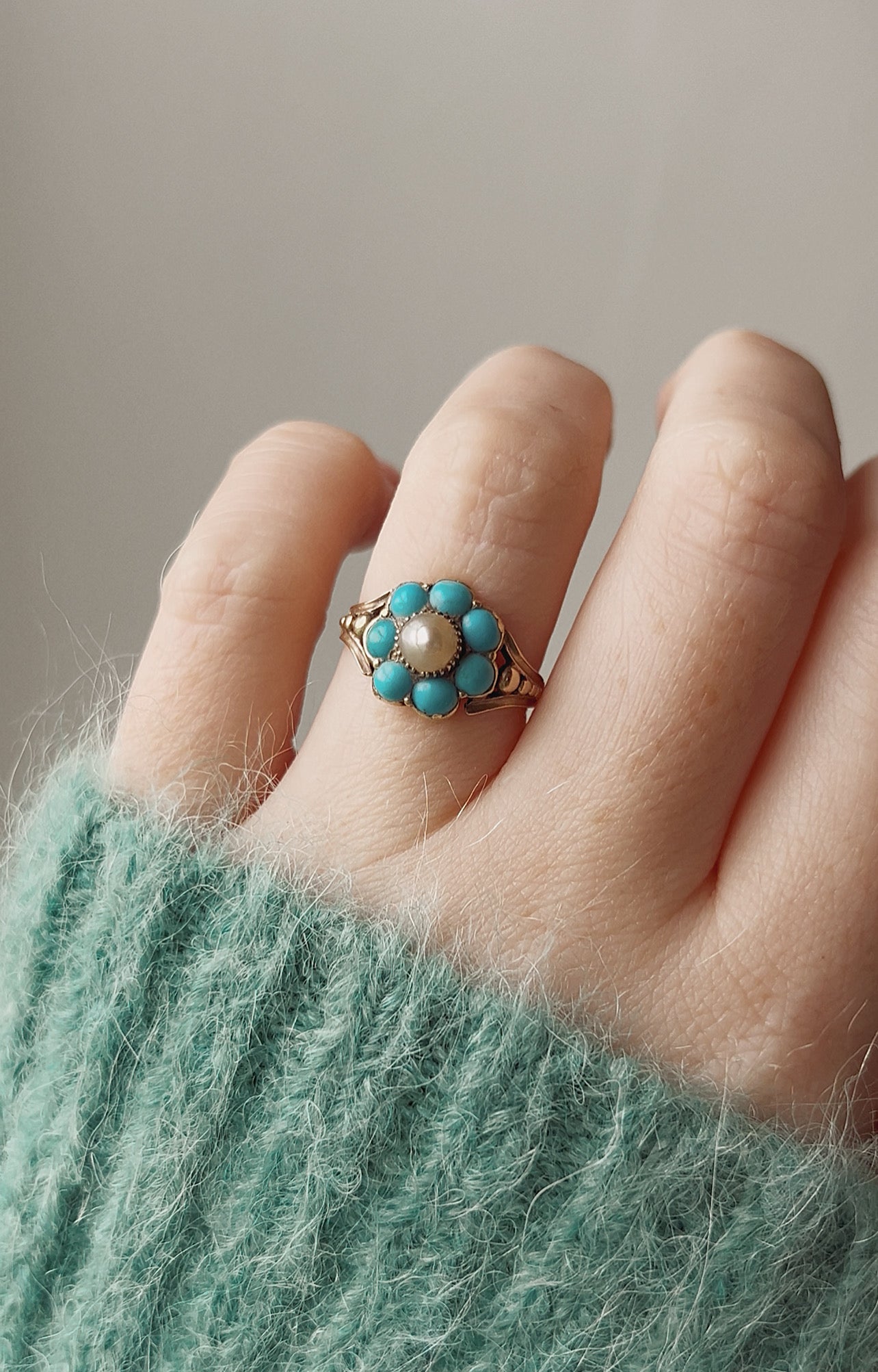 Gorgeous 19th Century Gold, Split Pearl and Turquoise Cluster Ring
