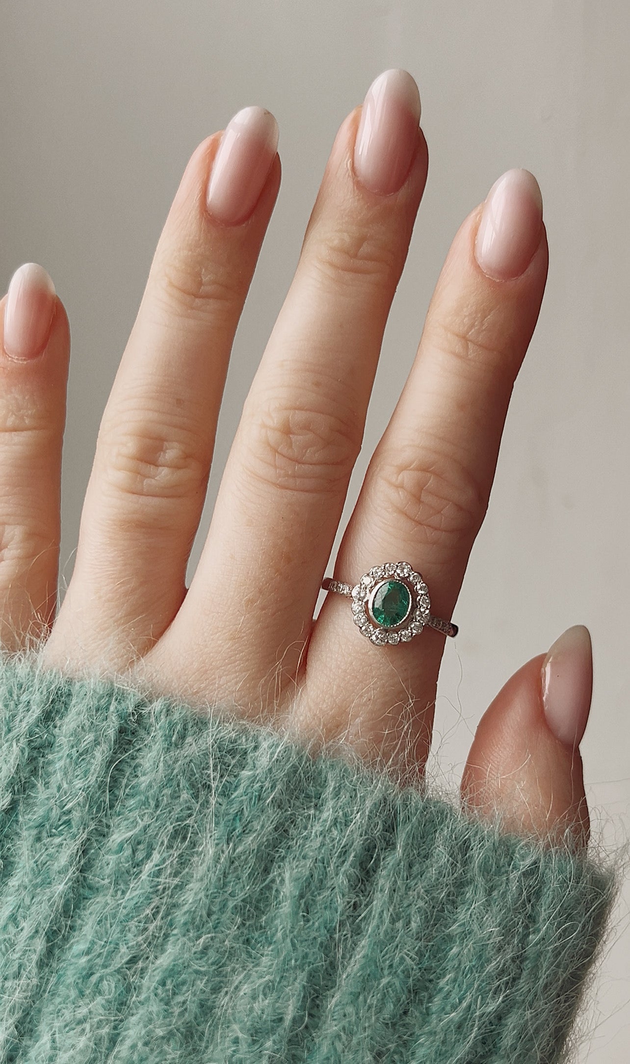 Gorgeous Platinum, Emerald and Diamond Cluster Ring
