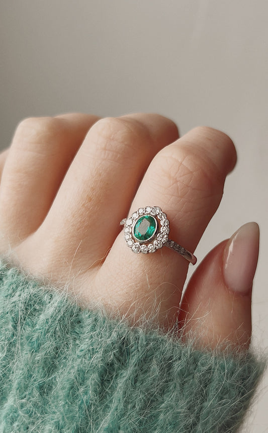 Gorgeous Platinum, Emerald and Diamond Cluster Ring