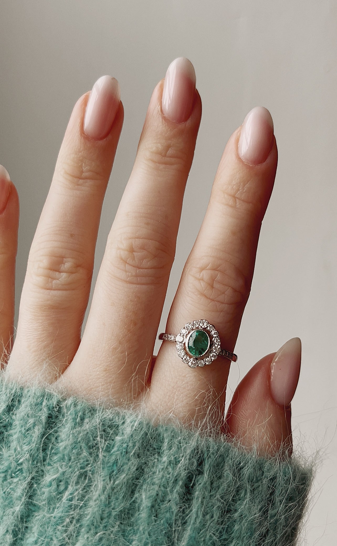 Gorgeous Platinum, Emerald and Diamond Cluster Ring
