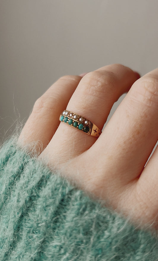 Lovely Late Victorian 18ct Gold, Turquoise and Split Pearl Ring