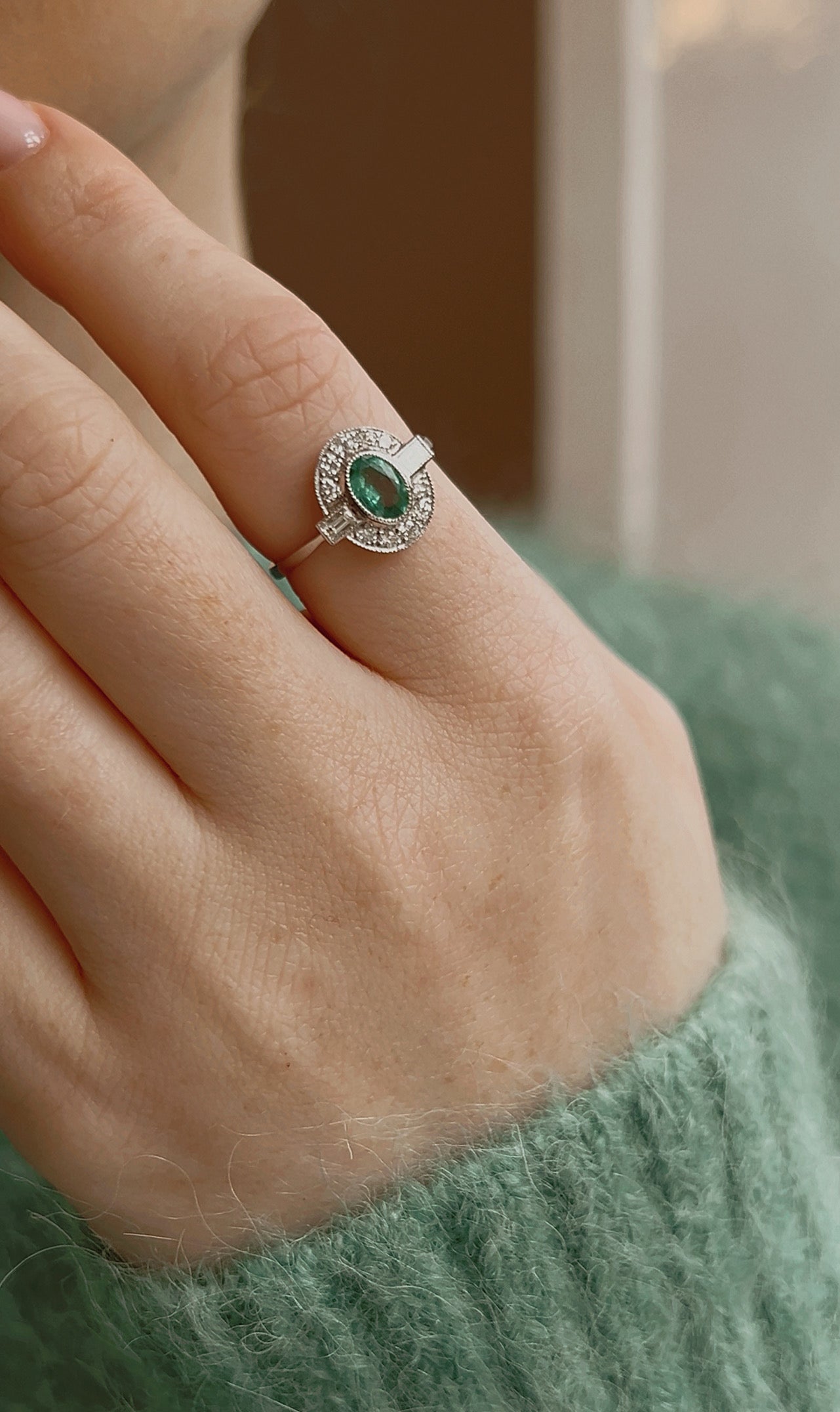 Wonderful Modern Platinum, Emerald and Vari-cut Diamond Ring