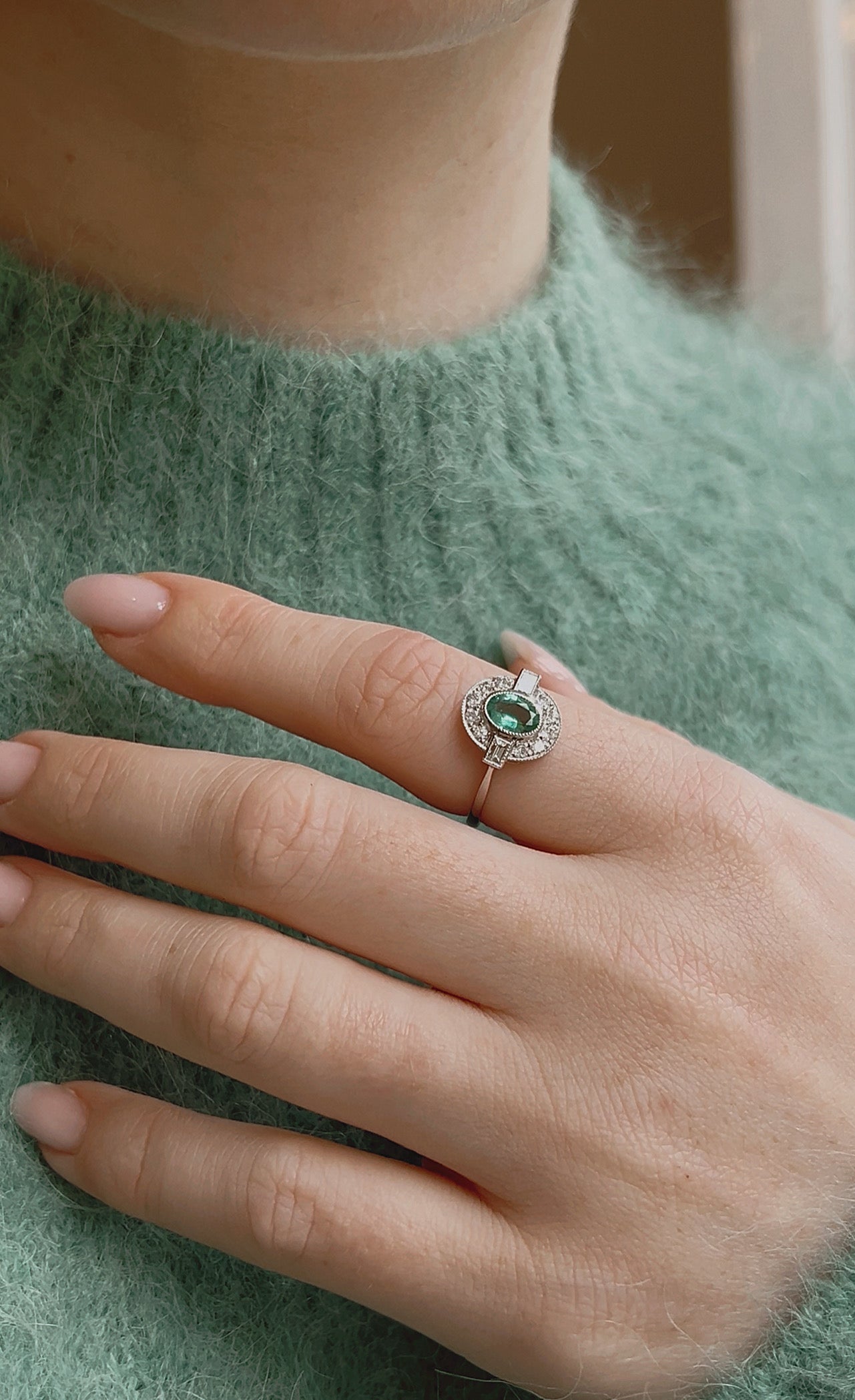 Wonderful Modern Platinum, Emerald and Vari-cut Diamond Ring