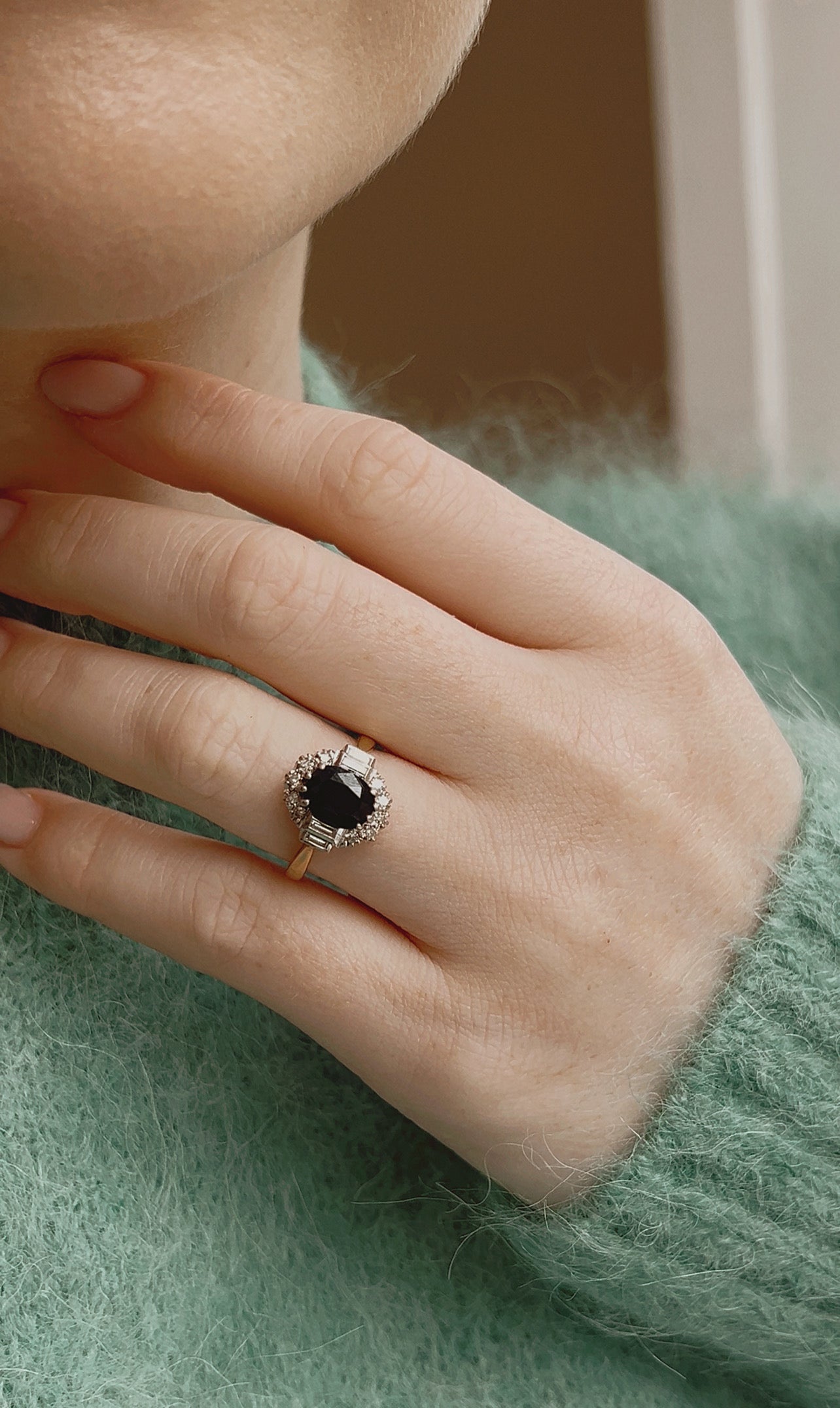 A Very Gorgeous 18ct Gold, Dark Green Sapphire and Diamond Cluster Ring