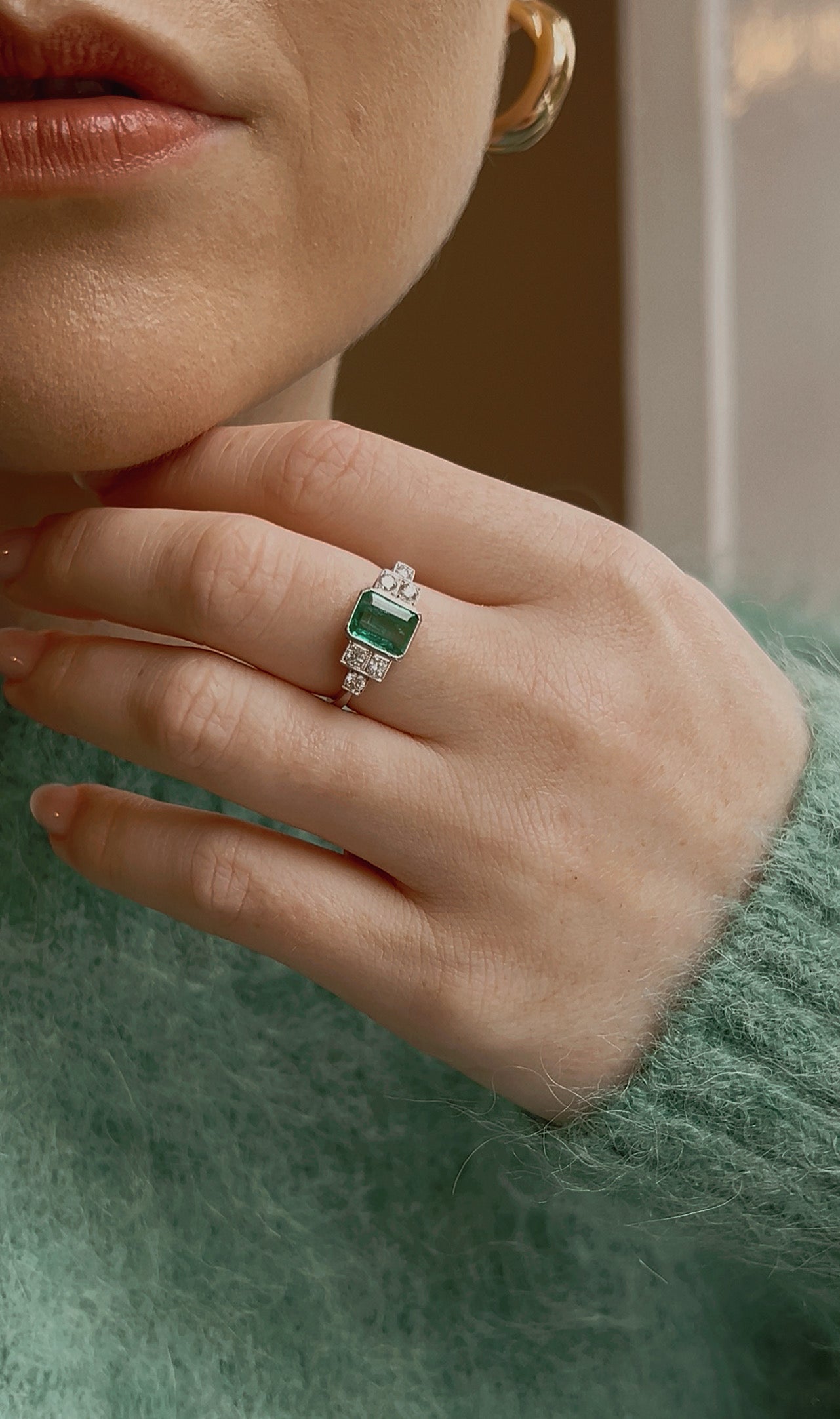 Stunning Art Deco Style Platinum, Emerald and Diamond Ring