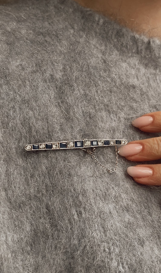 Gorgeous 20th Century Blue and White Paste Bar Brooch