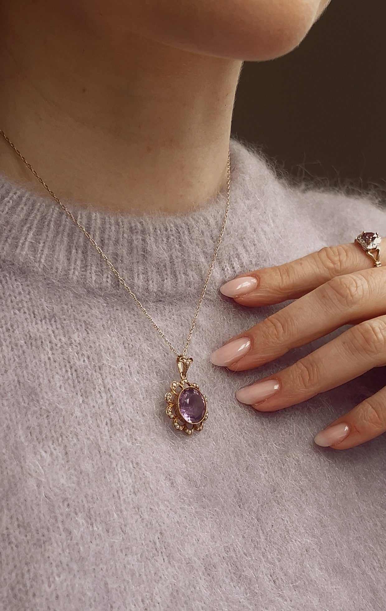Stunning Early 20th Century 15ct Gold Amethyst and Split Pearl Pendant by Murrle Bennett