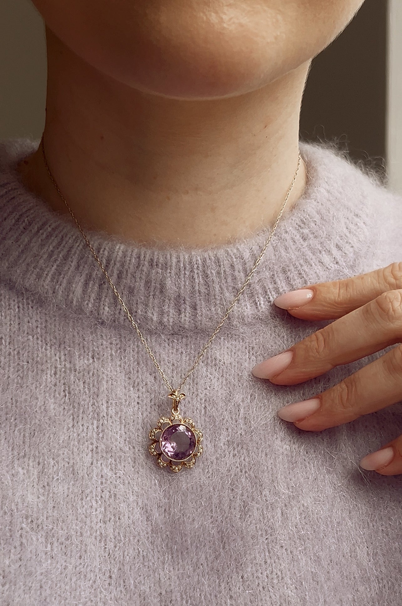Stunning Early 20th Century 15ct Gold Amethyst and Split Pearl Pendant by Murrle Bennett