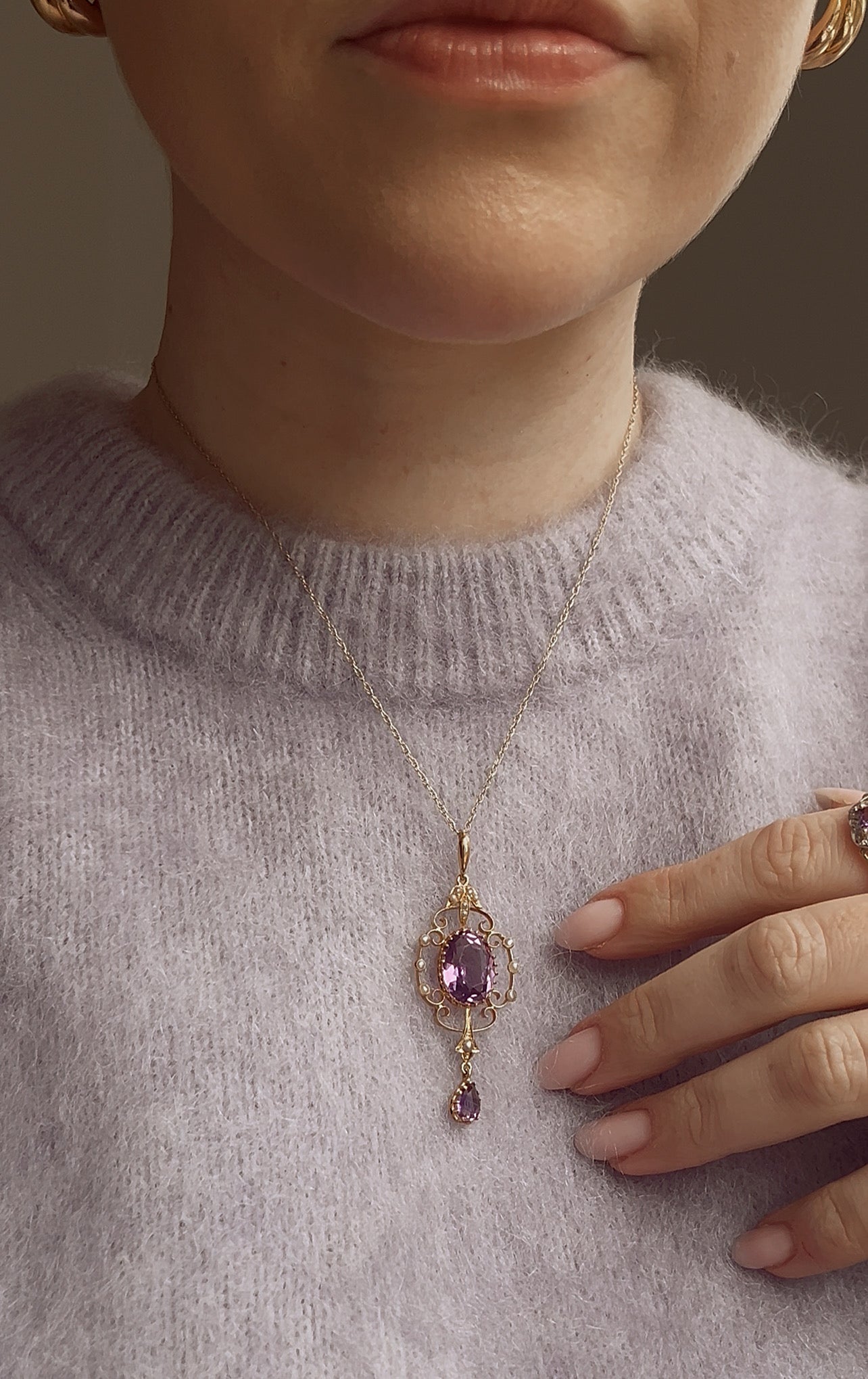 Beautiful Early 20th Century Amethyst and Split Pearl Lavalier Pendant