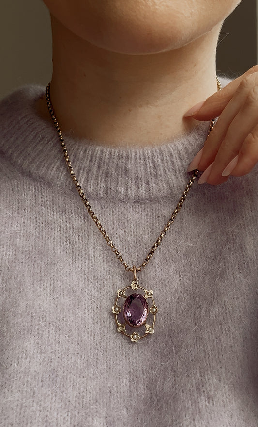Wonderful Edwardian 9ct Gold, Amethyst and Split Pearl Floral Pendant and Chain
