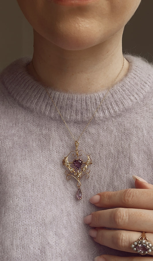 Superb Early 20th Century Amethyst and Split Pearl Heart Brooch and/or Pendant