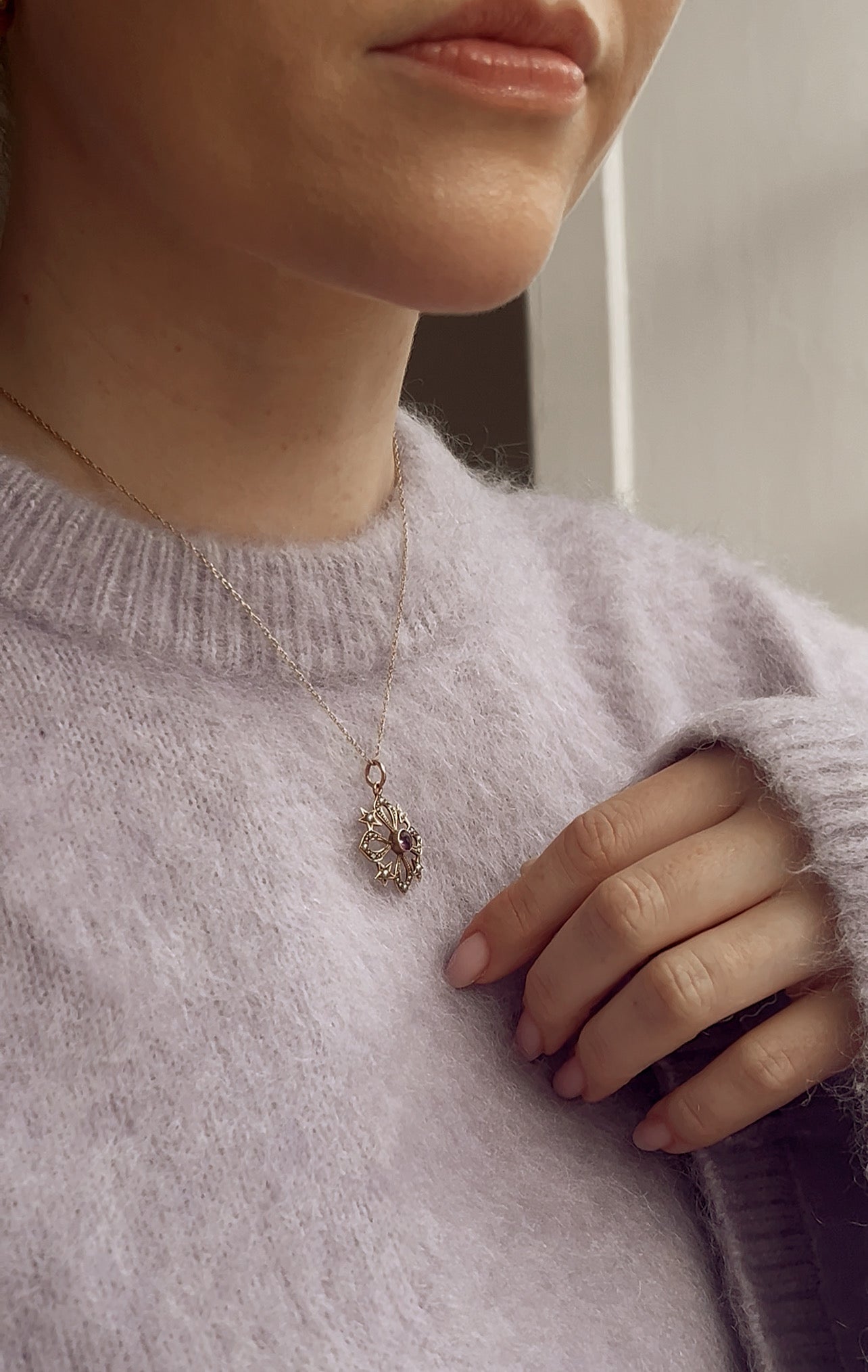 Lovely Edwardian 9ct Gold, Amethyst and Seed Pearl Pendant