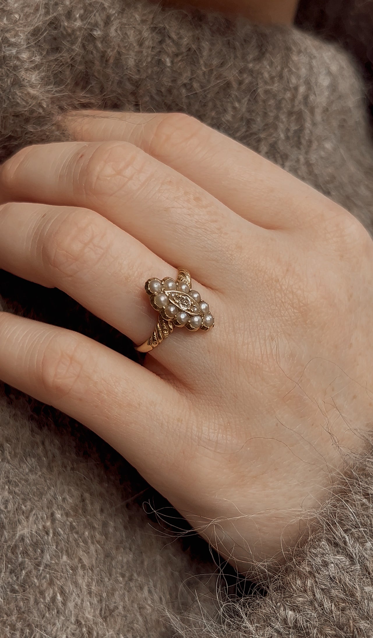 Stunning Victorian 15ct Gold Pearl and Diamond Navette Ring