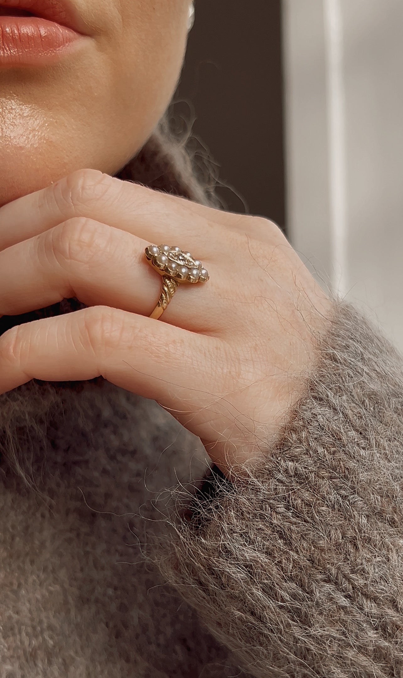 Stunning Victorian 15ct Gold Pearl and Diamond Navette Ring