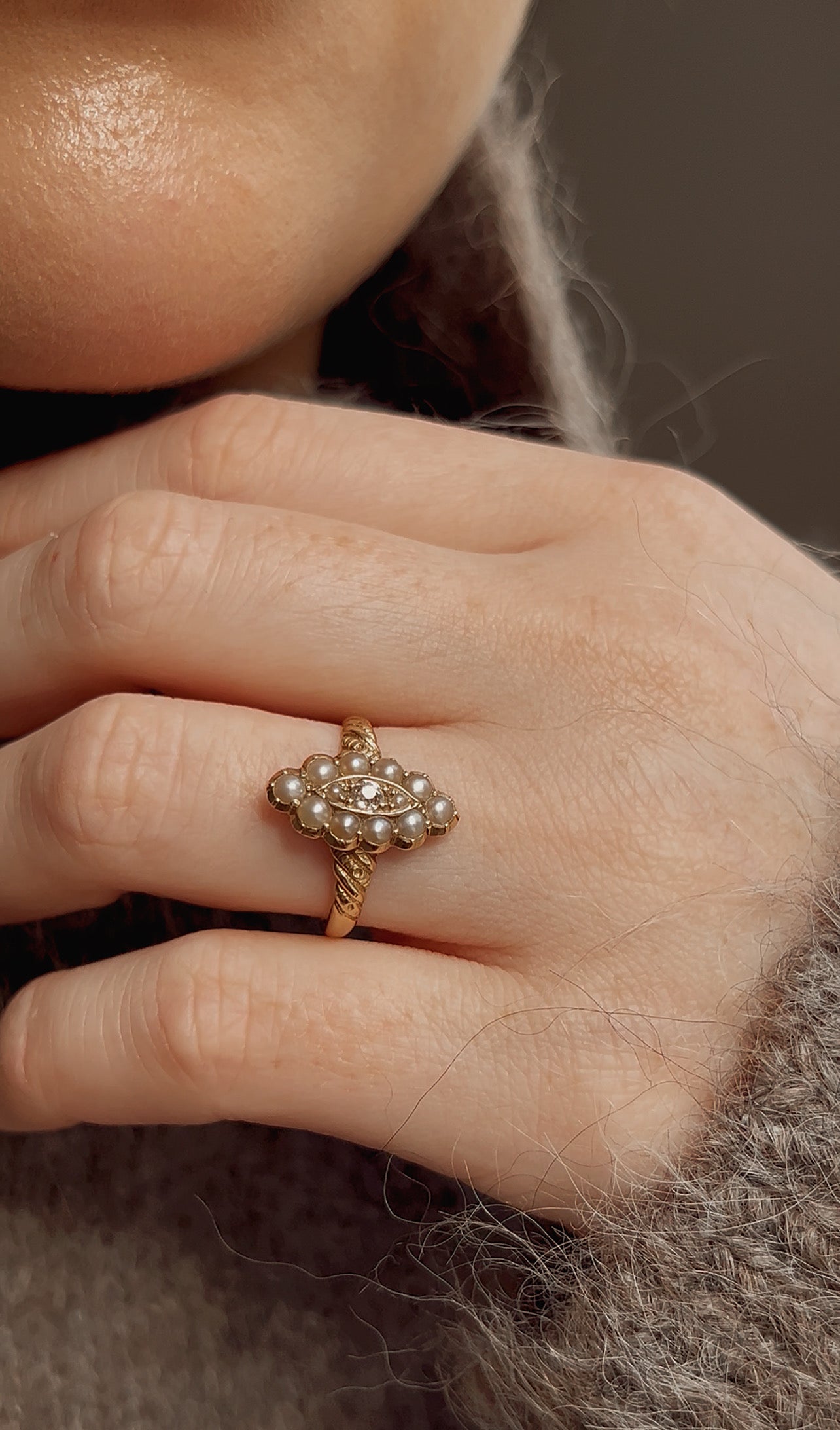 Stunning Victorian 15ct Gold Pearl and Diamond Navette Ring