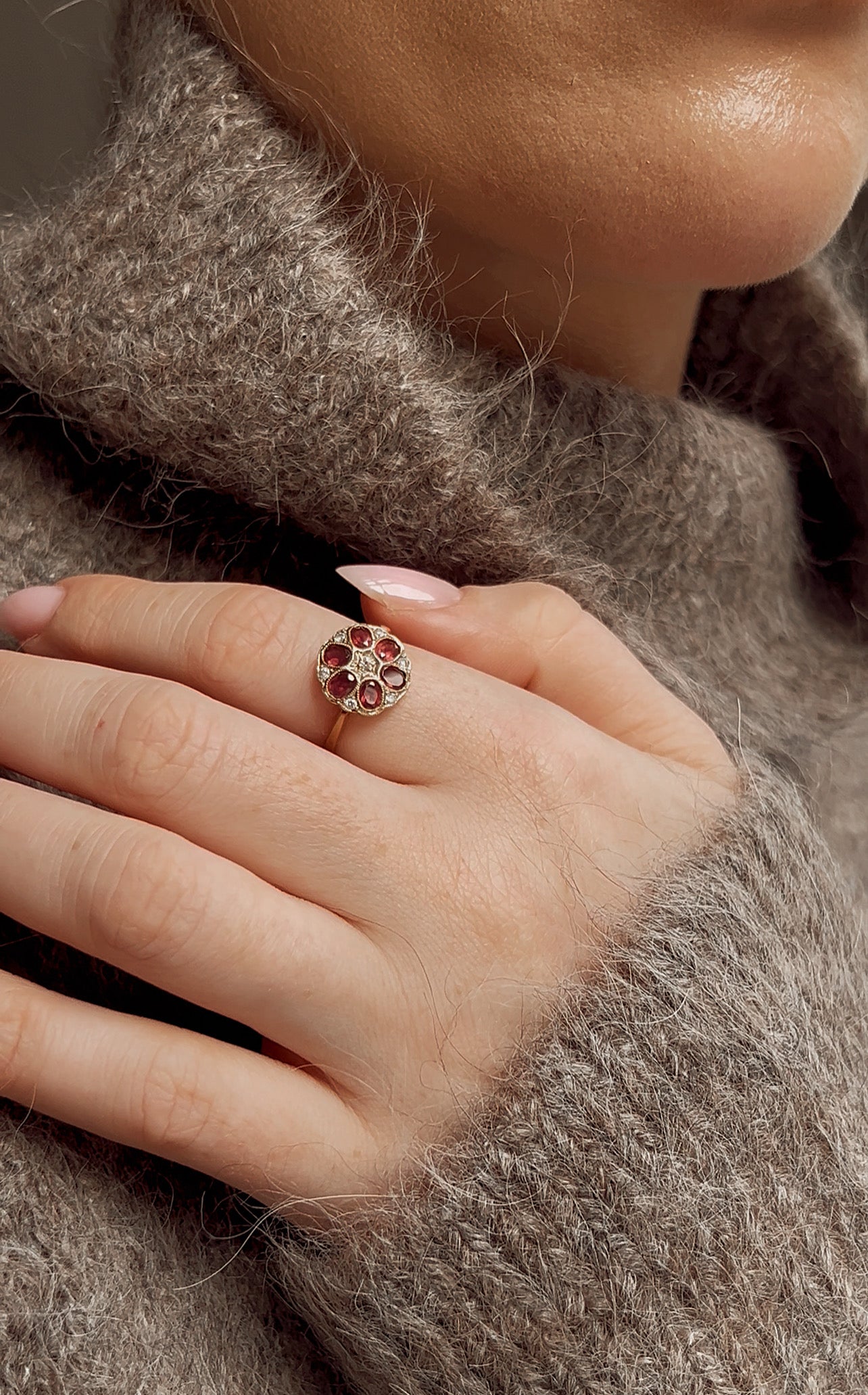Wonderful Art Deco 9ct Gold, Garnet and Diamond Flower Cluster Ring by Joseph Cleary