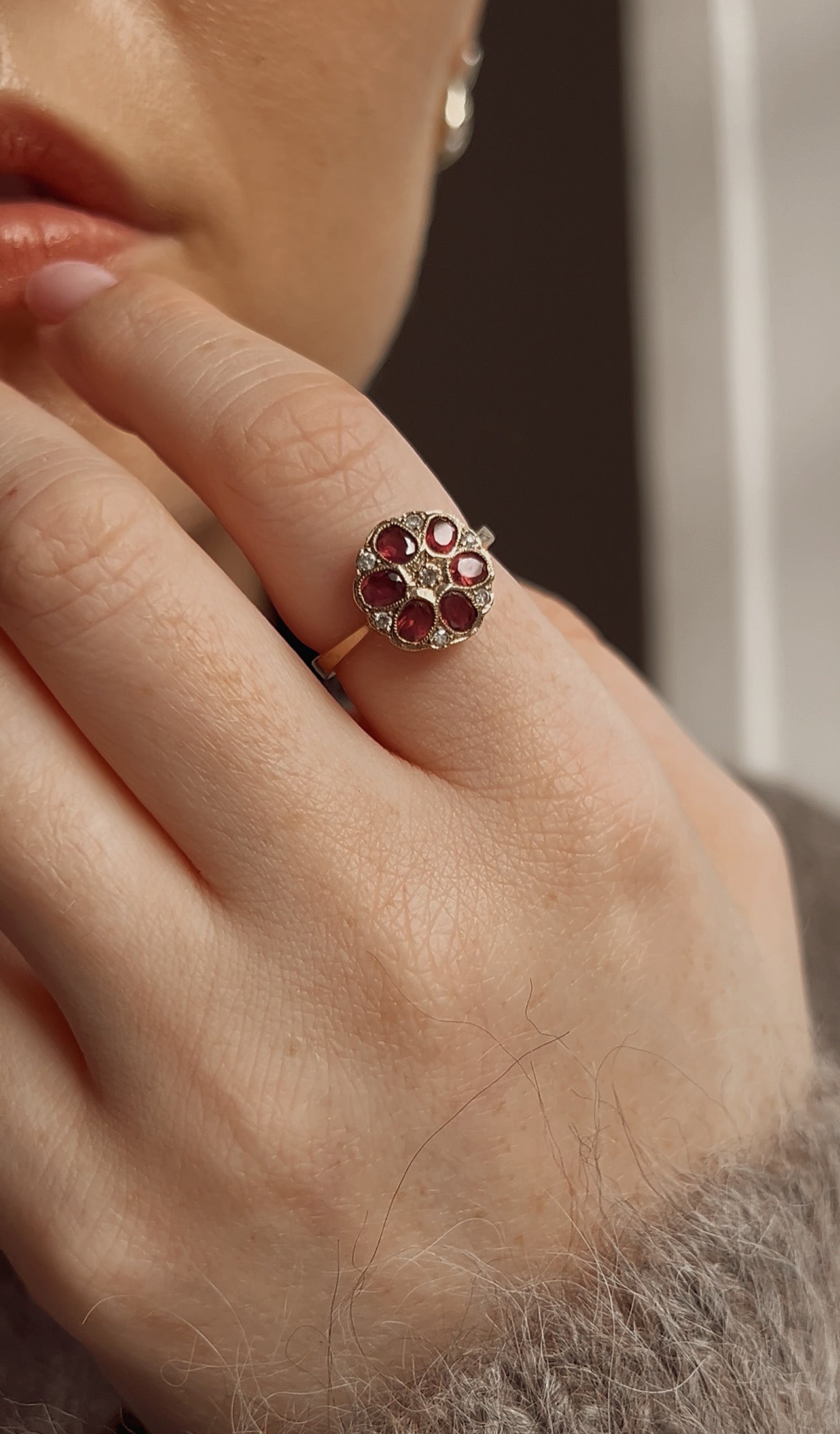 Wonderful Art Deco 9ct Gold, Garnet and Diamond Flower Cluster Ring by Joseph Cleary