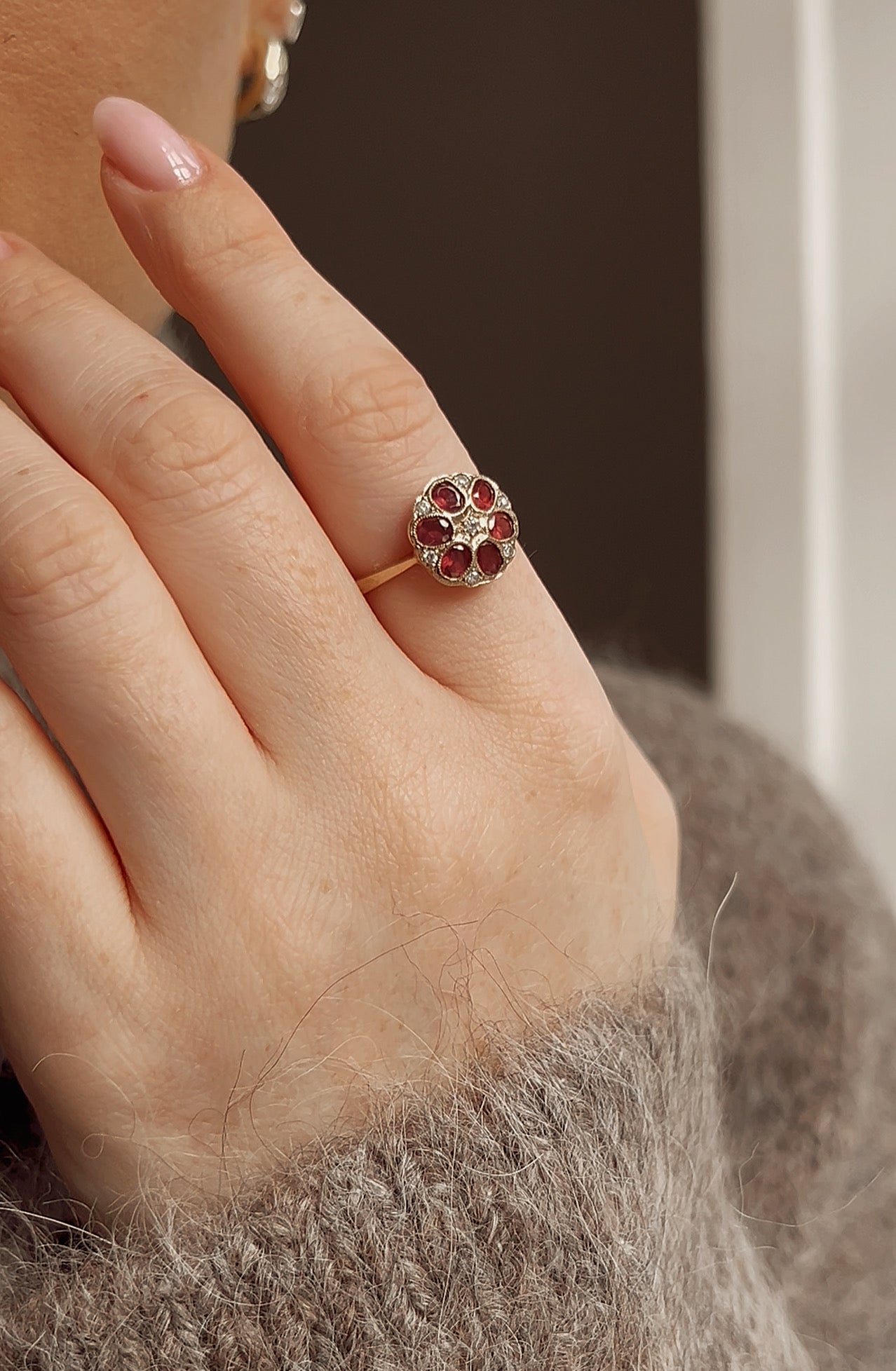 Wonderful Art Deco 9ct Gold, Garnet and Diamond Flower Cluster Ring by Joseph Cleary