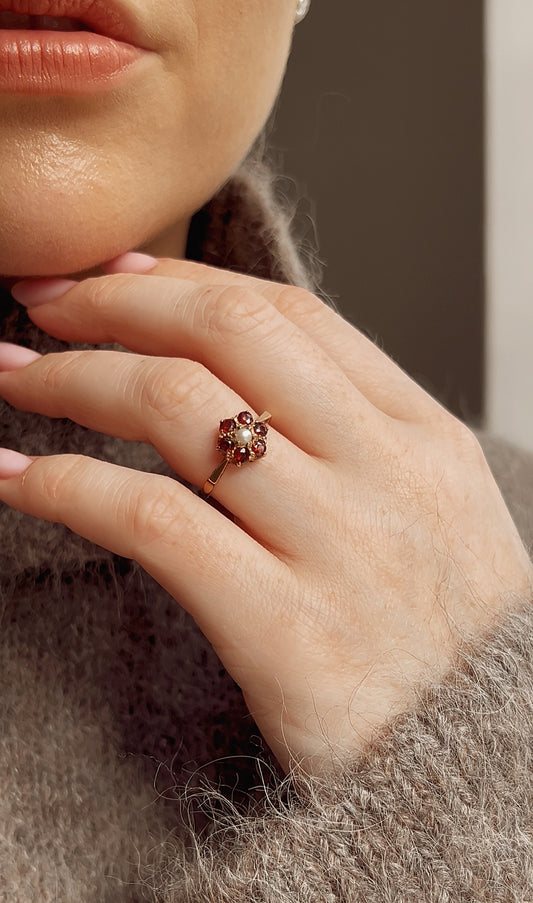 Sweet Vintage 9ct Gold, Cultured Pearl and Garnet Cluster Ring